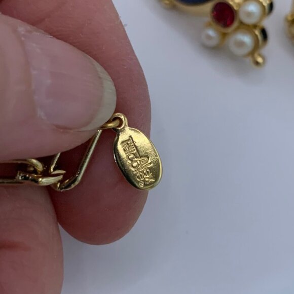 Alex Nicole For 1928 Pearl Lapis Gold Tone Red Necklace Clip On Earrings Set Vtg - Picture 9 of 10